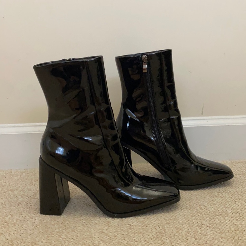 NastyGal Black Square Toed Patent Boots Size 8